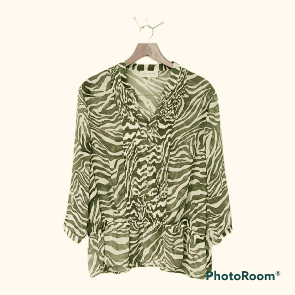 Jones New York Blouse Zebra Peplum Pintuck XL Olive Green White